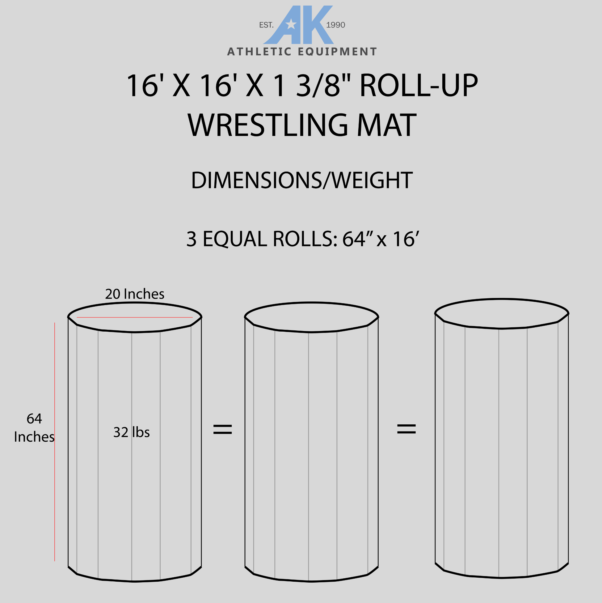 Rolling up and storing AK Athletic Equipment wrestling mats is easy. Our dimensions help customers make the most of our wrestling mat products.