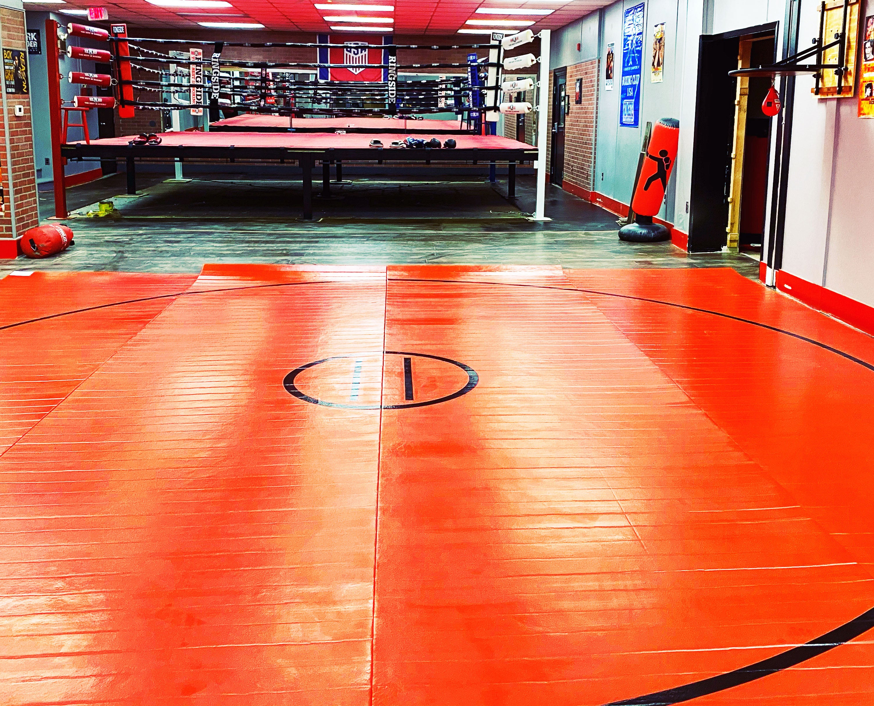 20 Foot x 20 Foot Red and Black Wrestling Mat in Boxing Gym