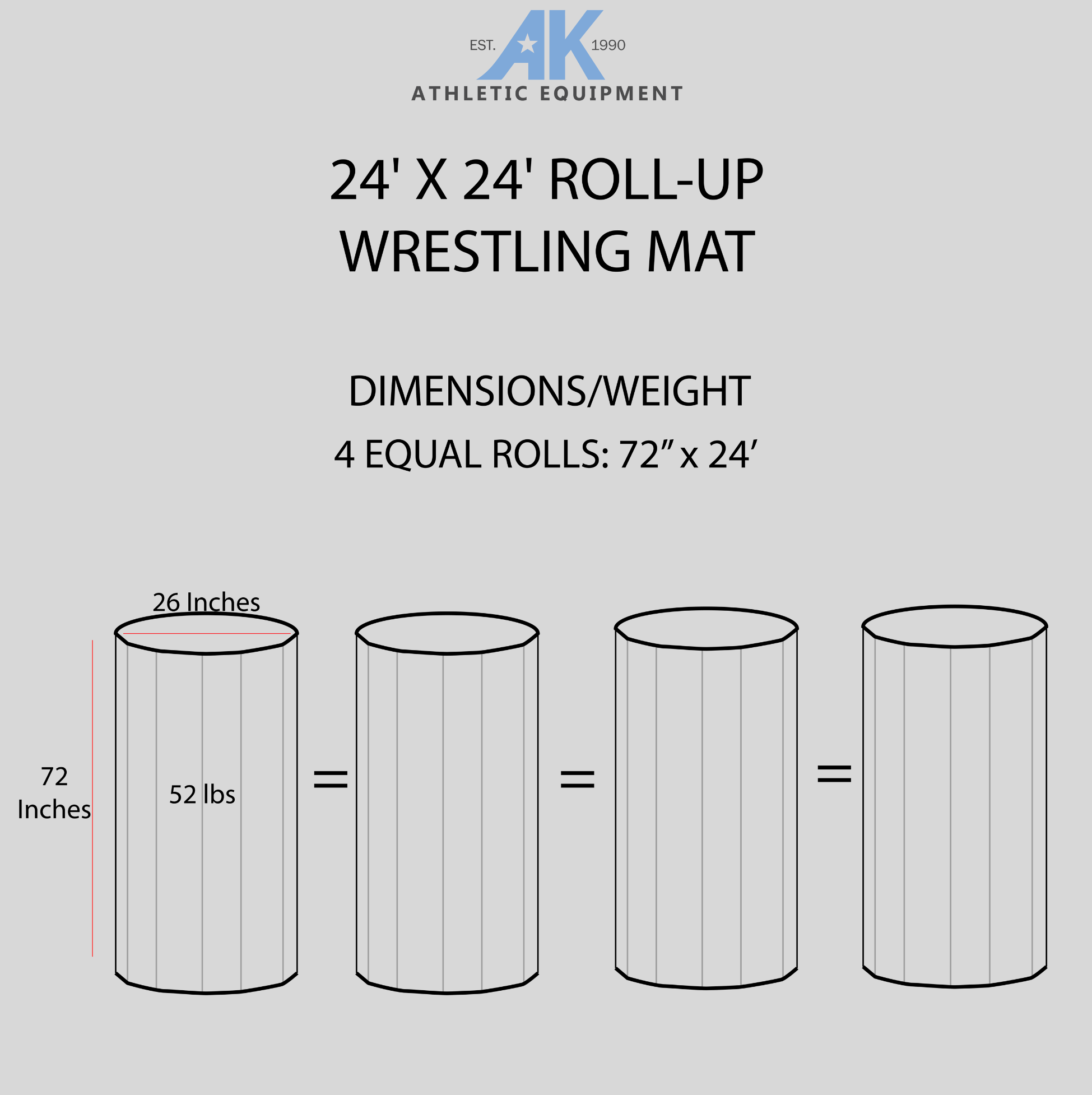 AK Athletics 24 x 24 foot wrestling mat dimensional chart. Wrestling/MMA mats dimensions.
