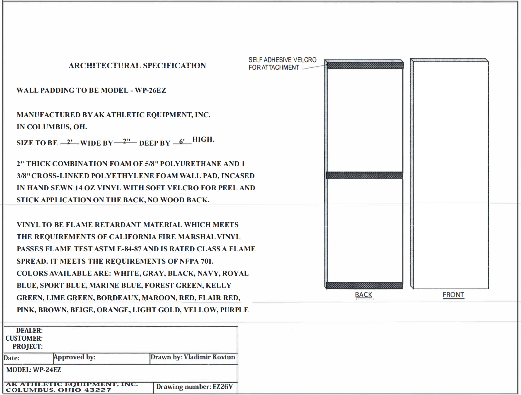 Easy Stick Wall Safety Pad Architectural Spec Sheet, gym wall padding, wall pads, gym padding, gymnasium wall padding, gym mats, basketball wall pads, gym wall padding