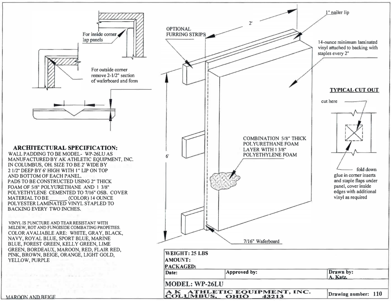 6' Tall Wood Back Wall Pads Architectural Specification Sheet