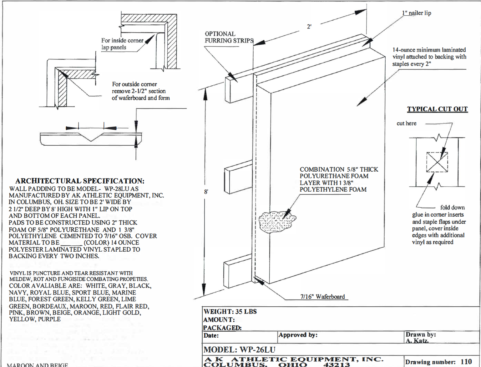 Wood Back Wall Padding Architectural Spec Drawing