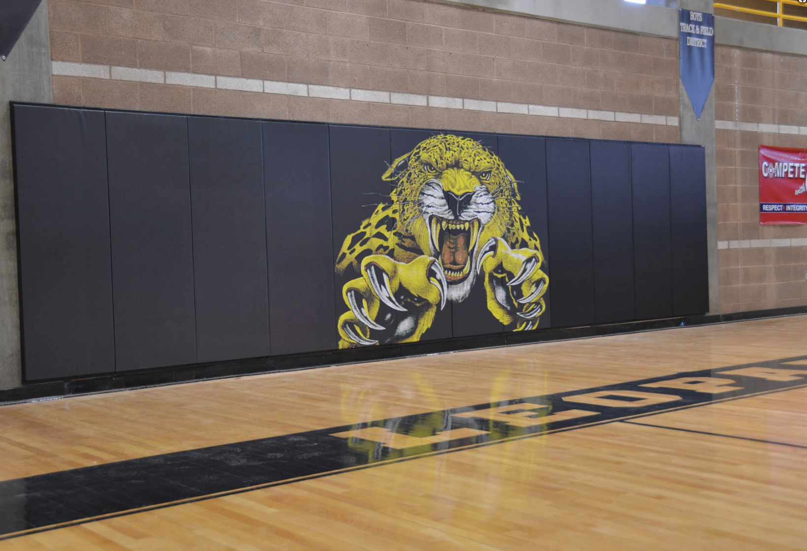ak athletics printed wall pads, gym wall pads, gym wall mats, gym wall padding, wall mats, gymnasium safety wall pads, gym safety padding, sports logo mats