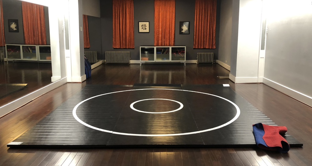 Black mat with white circles for at home sports room. Great for kids to practice wrestling, mixed martial arts and fitness. Multi use spaces. Roll-up, easy to clean protective floor mats.