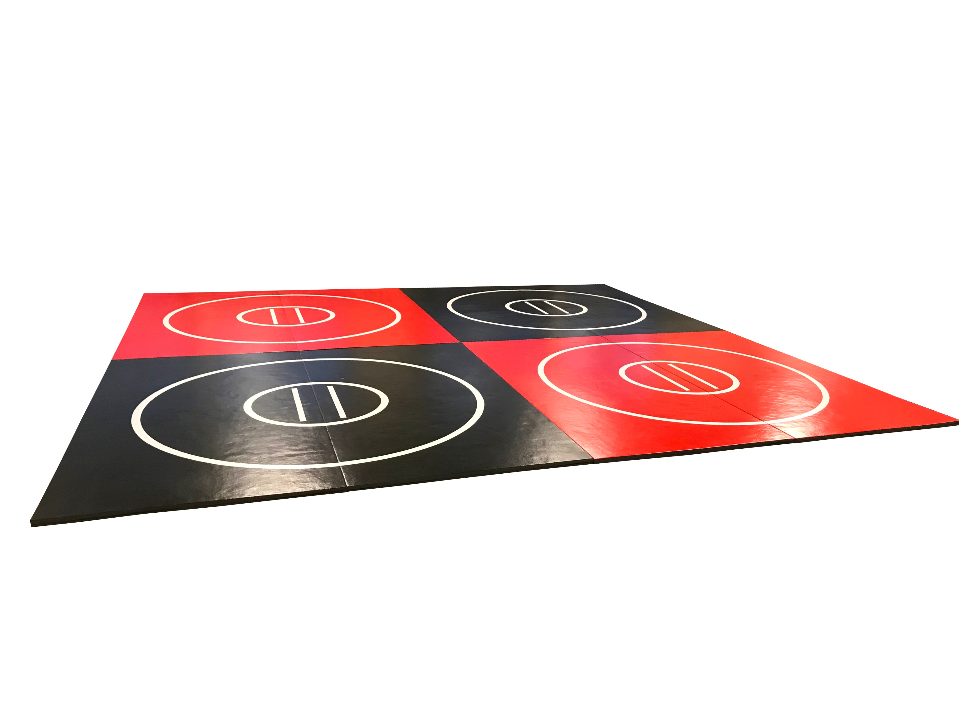 Black and Red 8 section 20' x 20' x 1 3/8" Roll-Up Wrestling Mat with Four Practice Circles