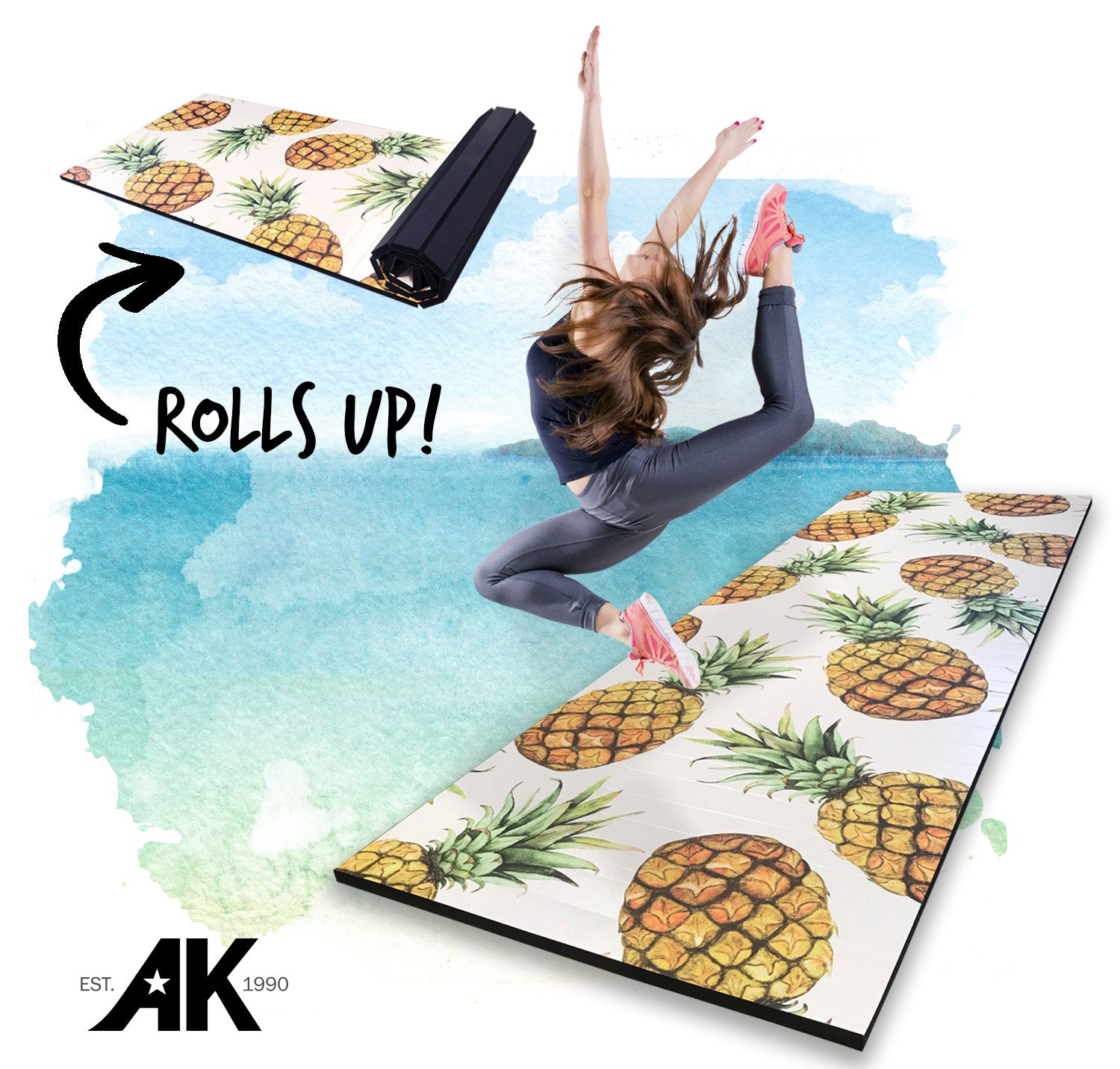 Roll Up Pineapple Print 4' x 12' x 1 ⅜" Advanced Level Gymnastics Mat
