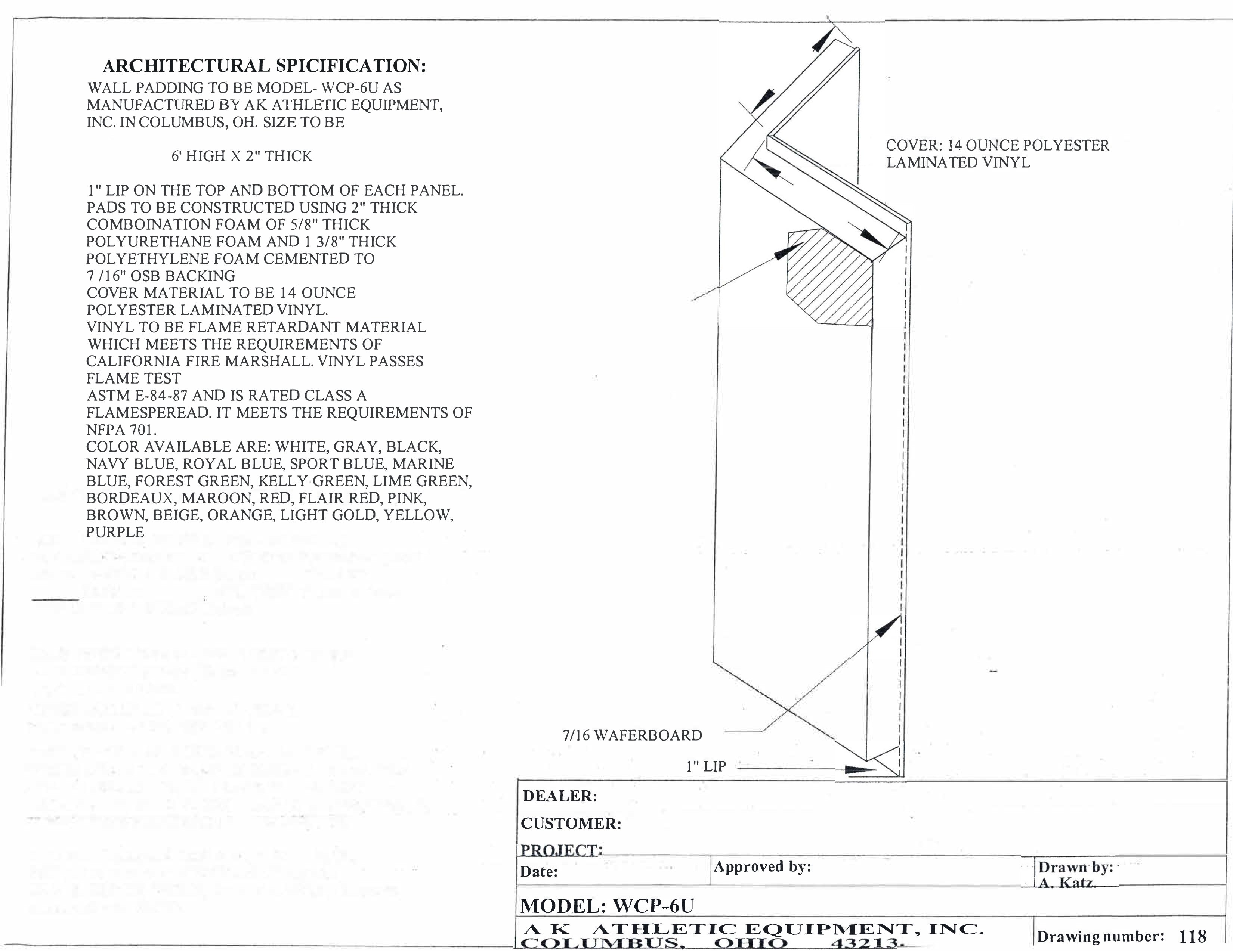 Wood Backed Corner Padding 6' tall 6" sides
