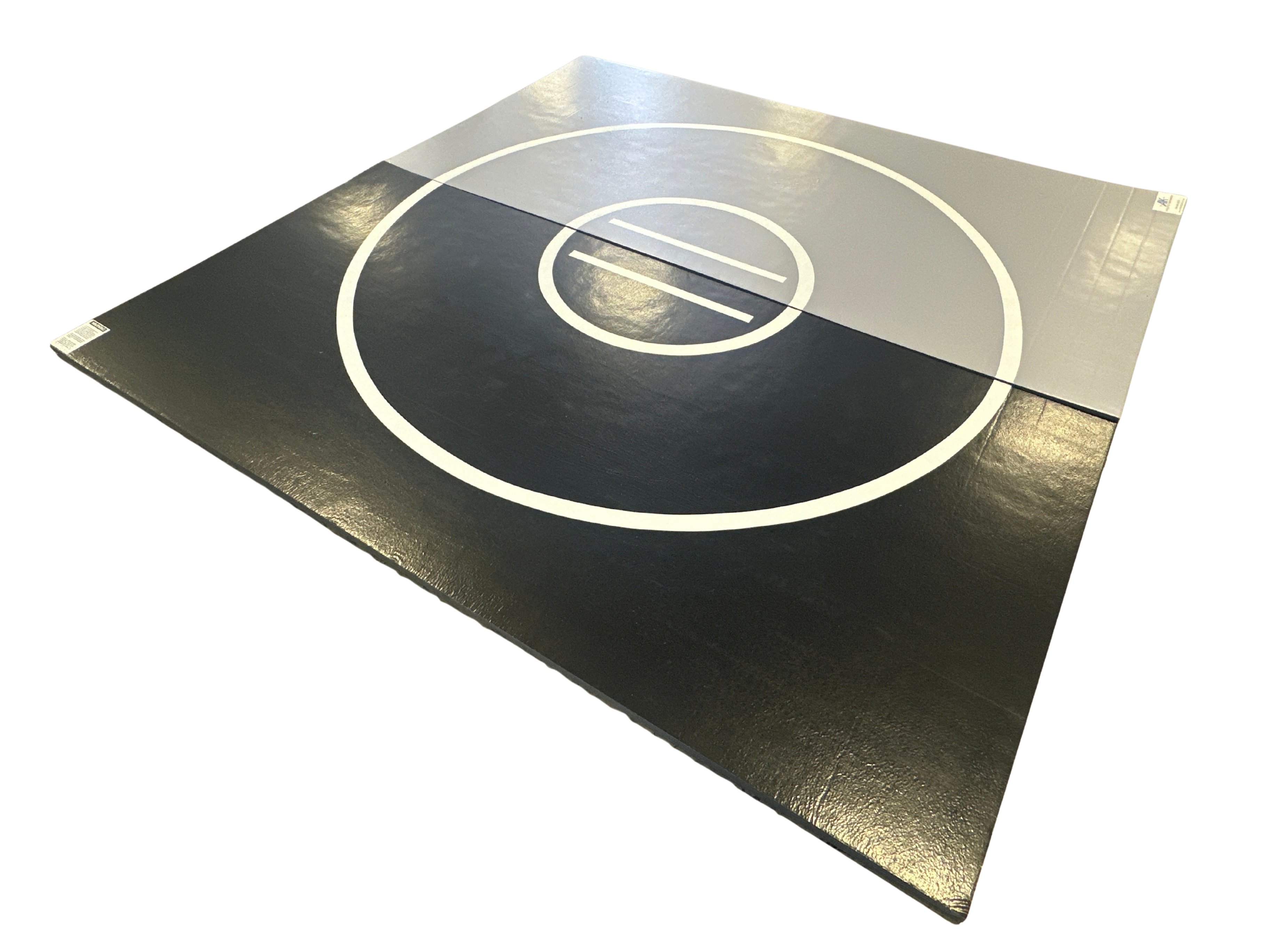 Clearance 10' x 10' x 1 3/8" Roll-Up Wrestling Mat - Black and Grey Mat with White Circles and Lines