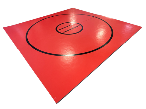 Clearance 12' x 12' x 1 3/8" Roll-Up Wrestling Mat -Red Mat with Black Circles and Lines