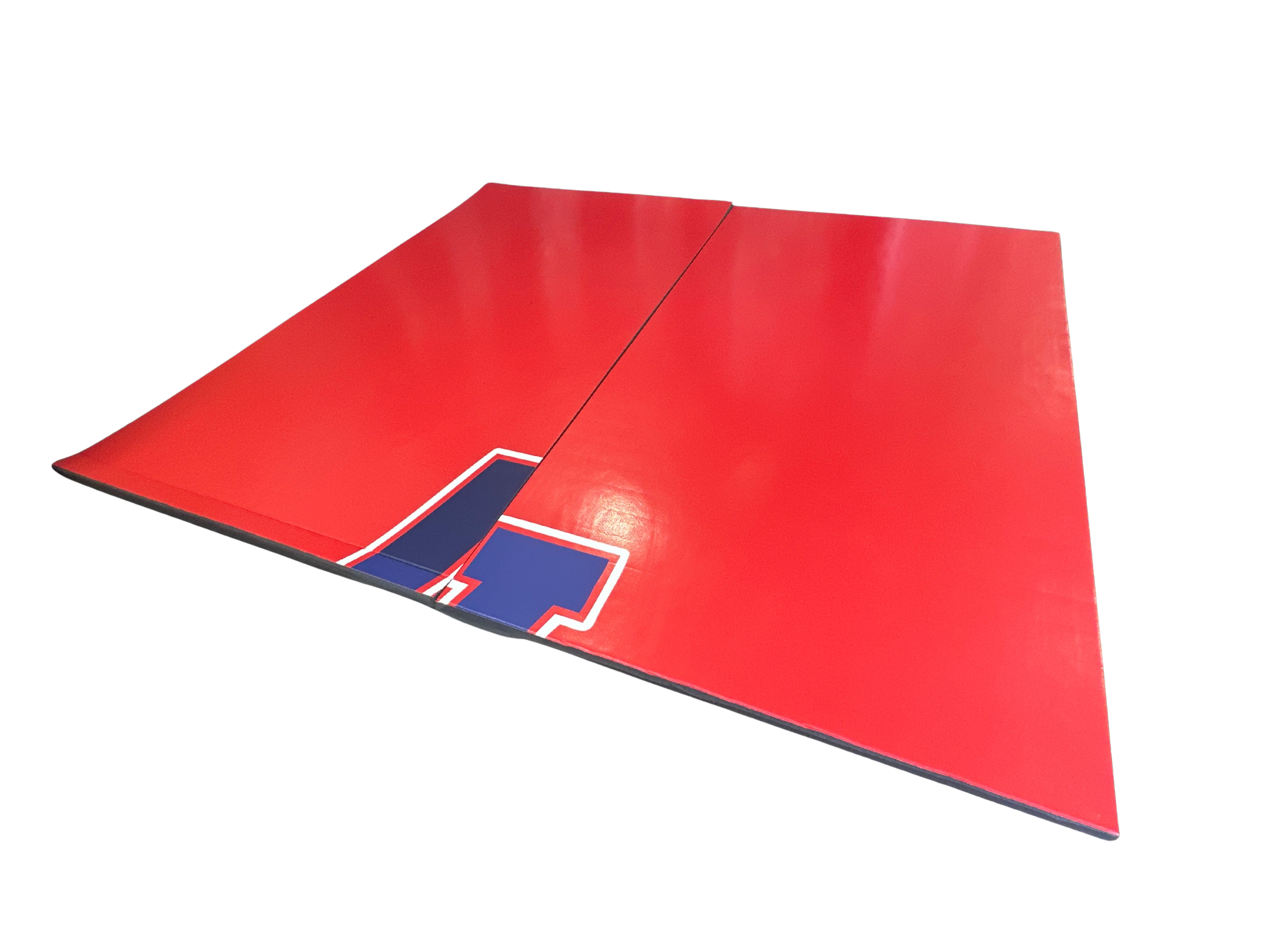 Clearance 10' x 135" x 1 3/8" Roll-Up Wrestling Mat - Red Mat with Logo Remnant