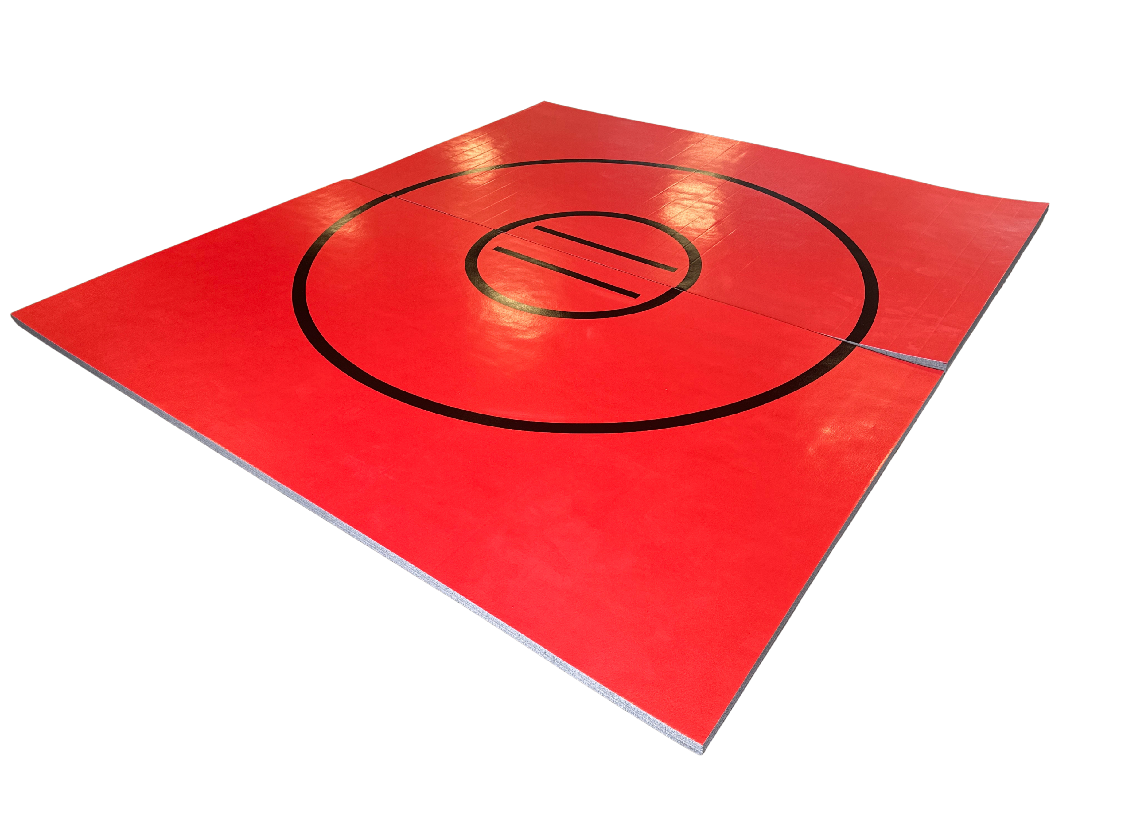 Clearance 10' x 135" x 1 5/8" Roll-Up Wrestling Mat - Red Mat with Black Circles and Lines
