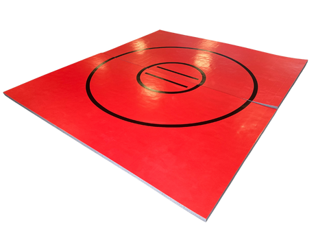 Clearance 10' x 135" x 1 5/8" Roll-Up Wrestling Mat - Red Mat with Black Circles and Lines