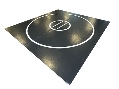 Clearance 139 " x 12' x 1 3/8" Roll-Up Wrestling Mat - Black Mat with White Circles and Lines