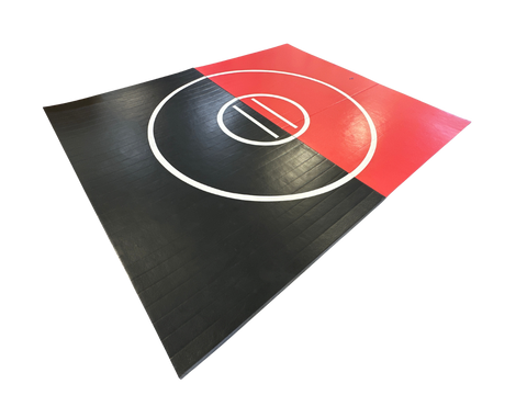 Clearance 10' x 12' x 1 5/8" UltraShock Roll-Up Wrestling Mat -Black and Red Mat with White Circles and Lines