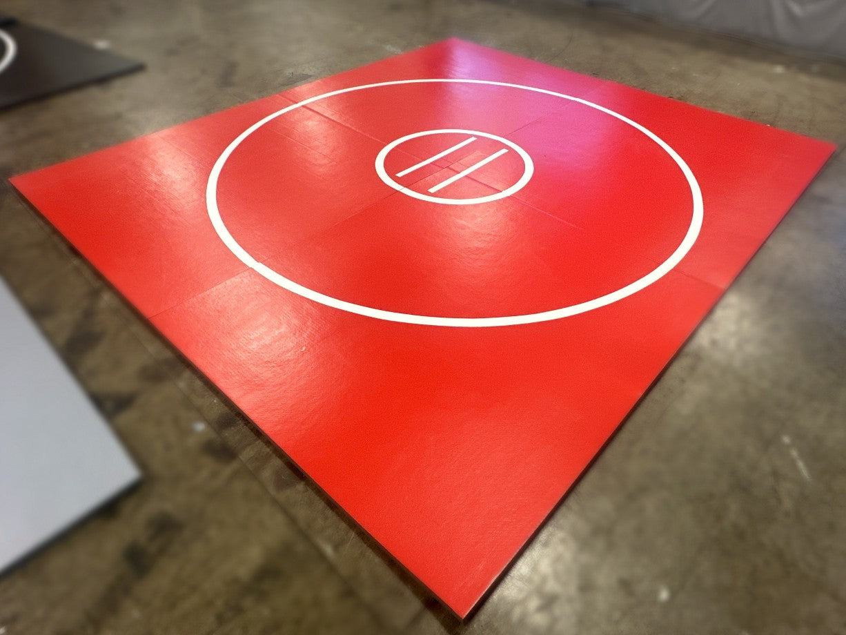 Clearance 160.5"  x 140"x 1.38" Roll-Up wrestling Mat- RED WITH WHITE CIRCLES AND LINES