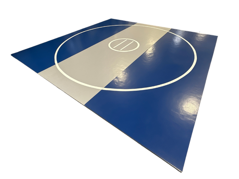 Clearance 16' x 16' x 1 3/8" Roll-Up Wrestling Mat - Blue and Grey Mat with White Circles and Lines