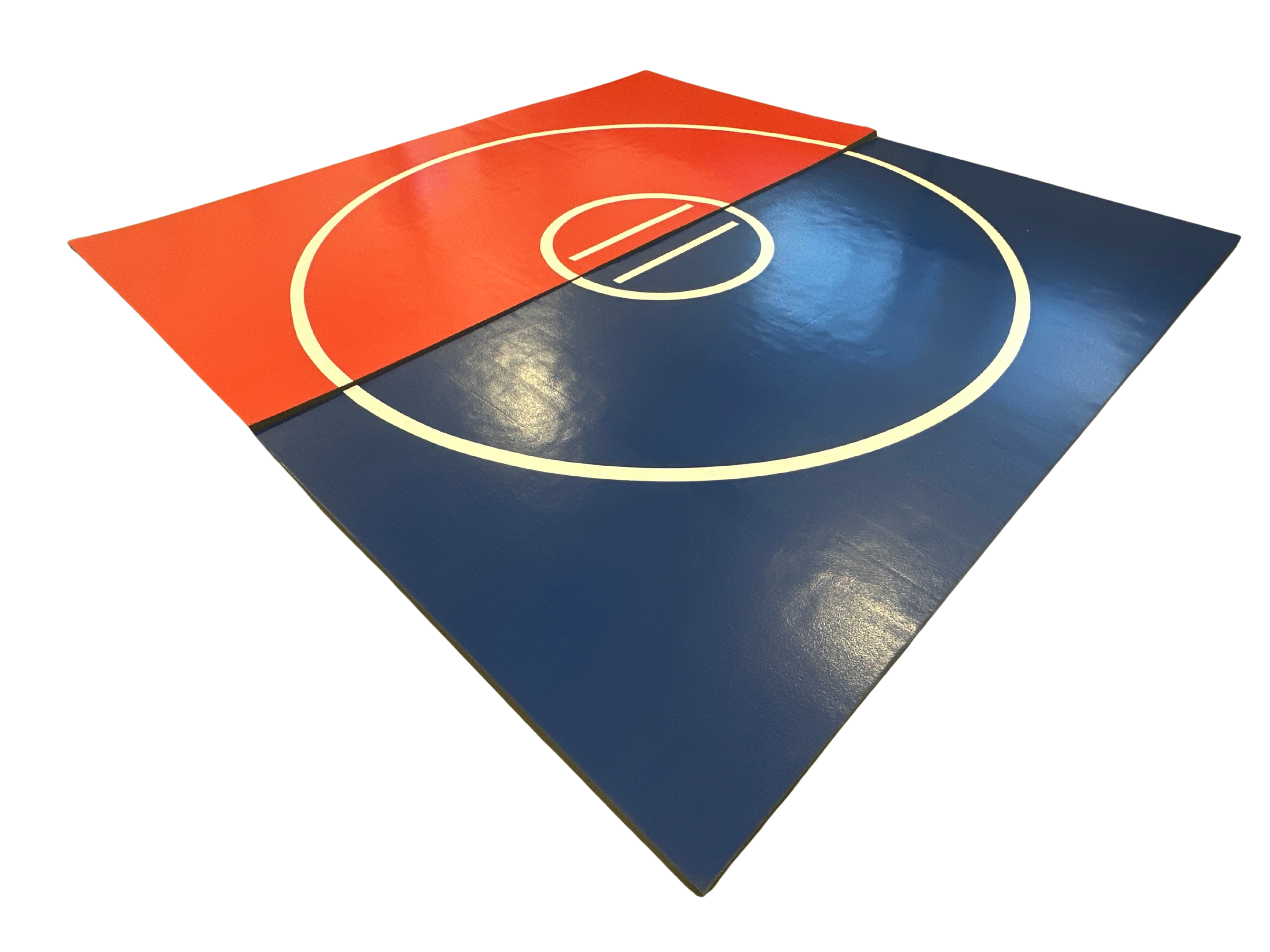Clearance 12' x 12' x 1 5/8" UltraShock Roll-Up Wrestling Mat -Red and Blue Mat with White Circles and Lines