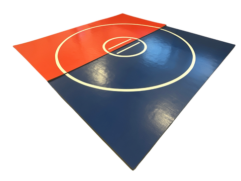 Clearance 12' x 12' x 1 5/8" UltraShock Roll-Up Wrestling Mat -Red and Blue Mat with White Circles and Lines