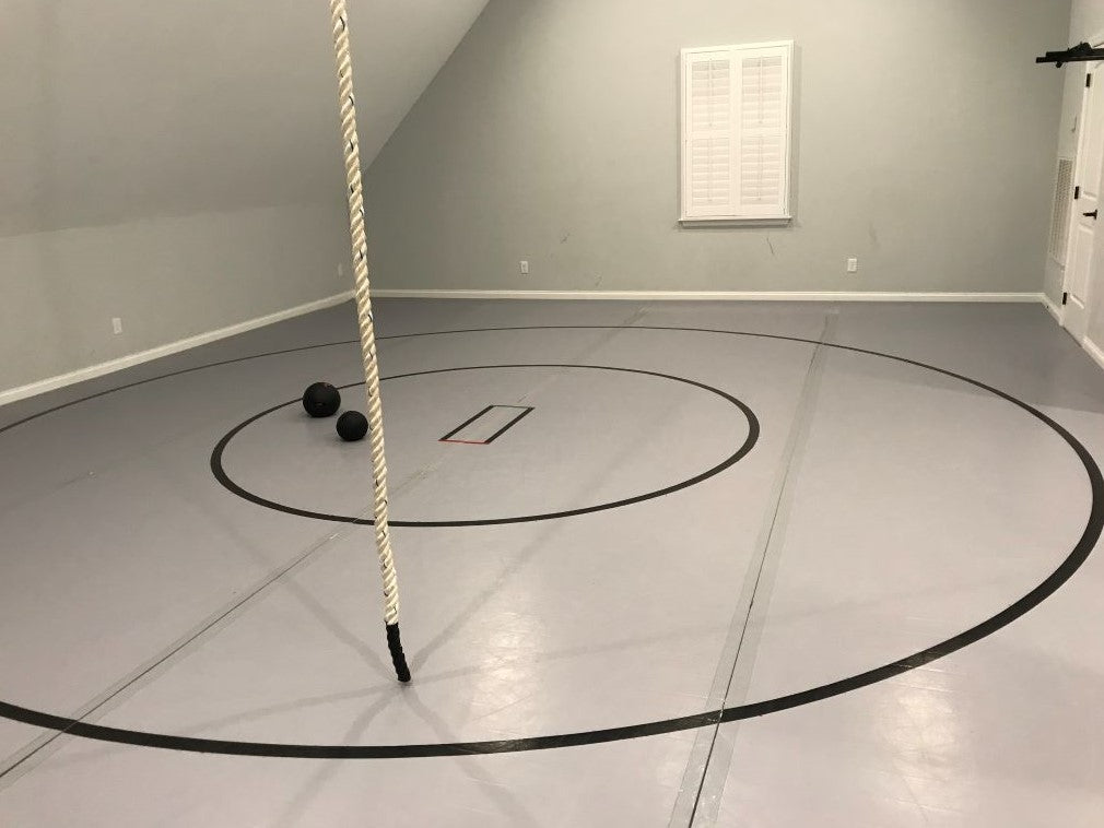 QUICKSHIP 20' x 20' x 1 3/8" Roll-Up Wrestling Mat with Four Practice Circles- Grey Mat with Black Circles and lines