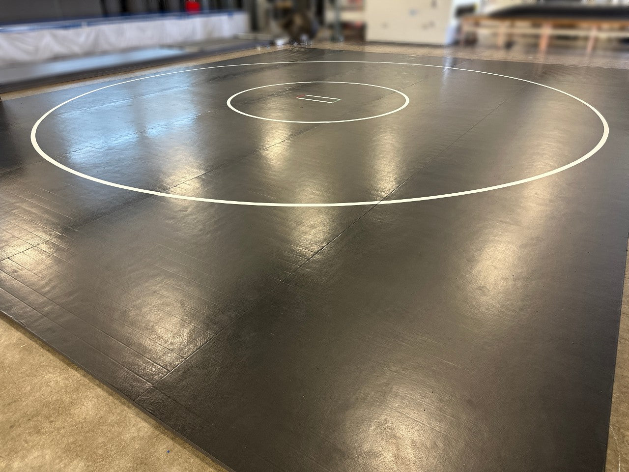 Clearance 38' x 38' x 1 3/8" Roll-Up Wrestling Mat-Black Mat White Circles and Lines