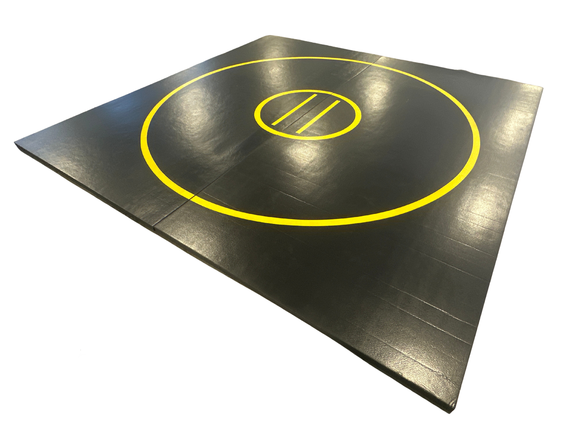 Clearance 12' x 12' x 1 5/8" Ultra Shock Roll-Up Wrestling Mat -Black Mat with Yellow Circles and Lines