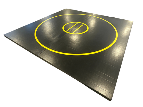 Clearance 12' x 12' x 1 5/8" Ultra Shock Roll-Up Wrestling Mat -Black Mat with Yellow Circles and Lines