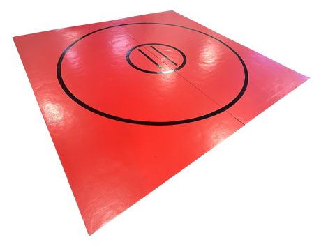 Clearance 142" x 12' x 1 5/8" UltraShock Roll-Up Wrestling Mat -Red Mat with Black Circles and Lines