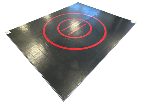 Clearance 8' x 10' x 1 3/8" Roll-Up Wrestling Mat - Black Mat with Red Circles and Lines