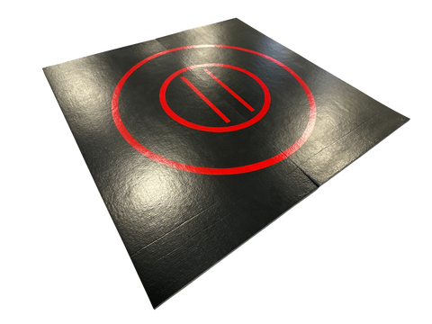 CLEARANCE 8' x 8' x 1 3/8" Roll-Up Wrestling Mat-Black Mat with Red Circles and Lines