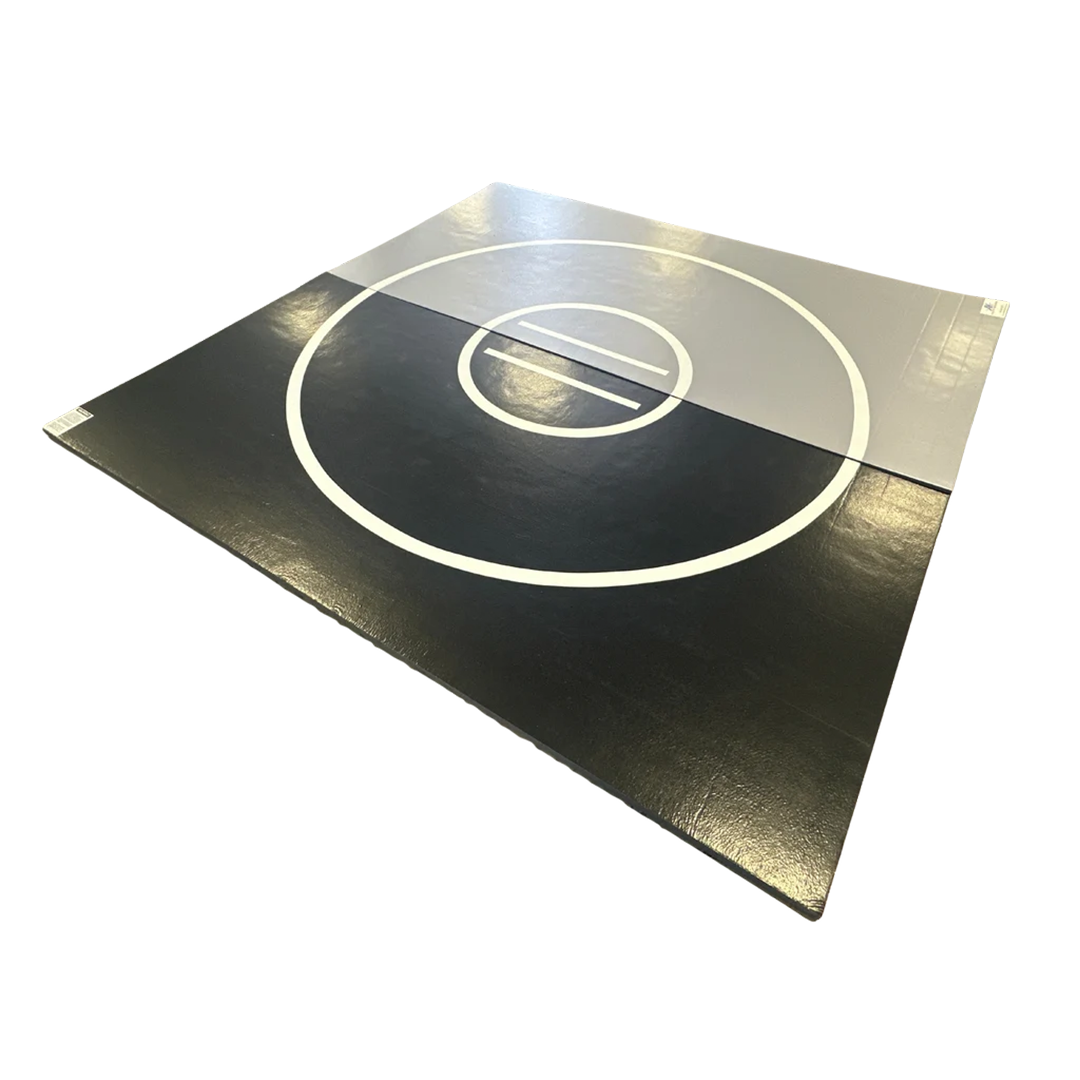 Clearance 10' x 10' x 1 3/8" Roll-Up Wrestling Mat - Black and Grey Mat with White Circles and Lines