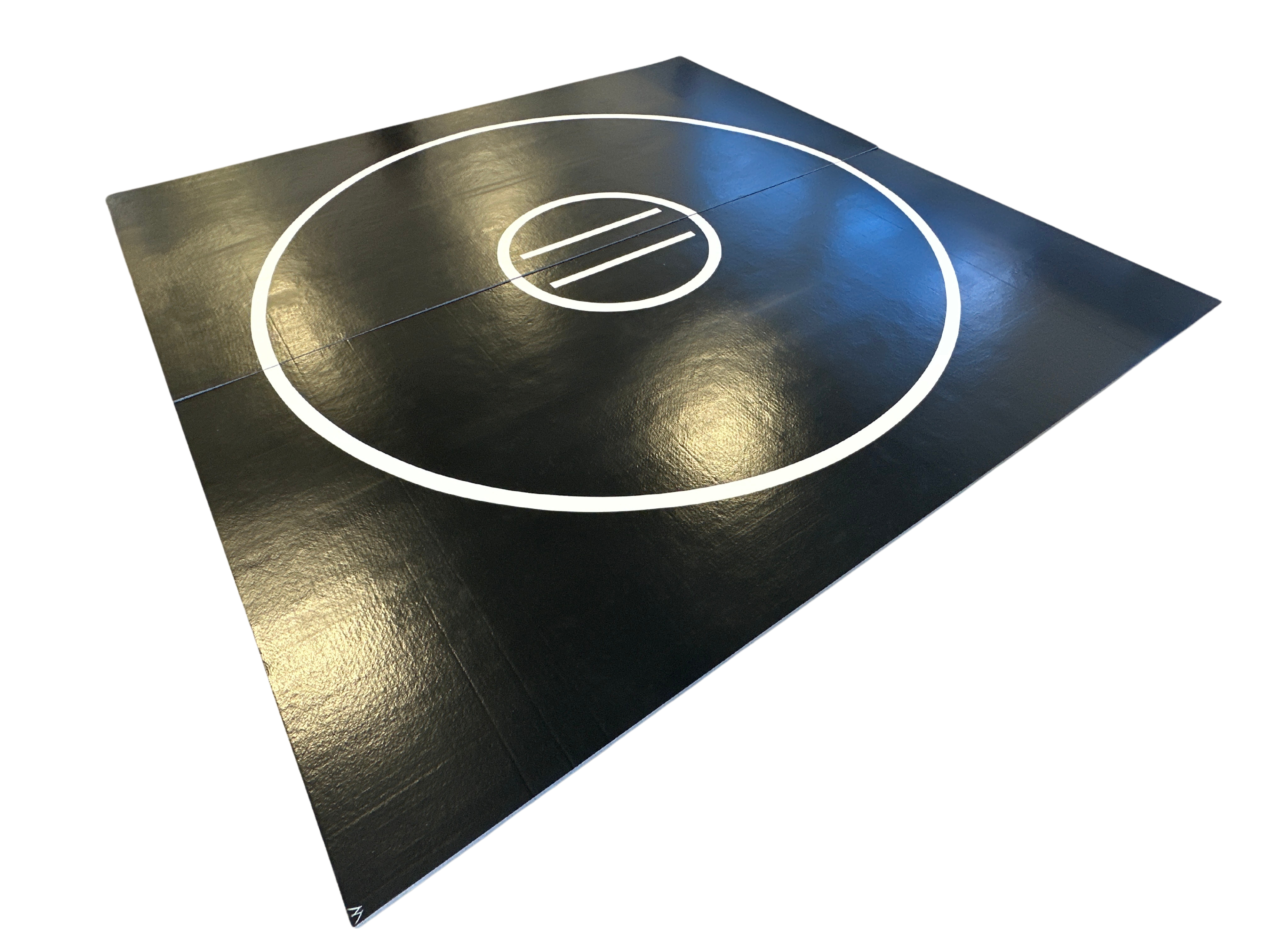 Clearance 12' x 12' x 1 3/8" Roll-Up Wrestling Mat - Black Mat with White Circles and Lines