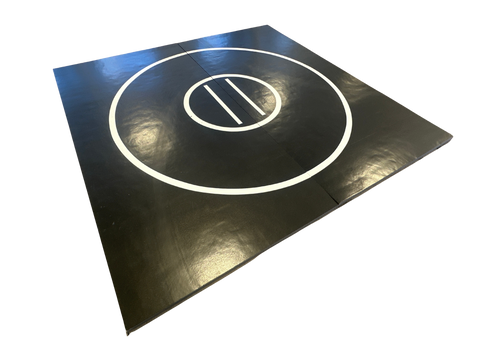 Clearance 10' x 10' x 1 5/8" Roll-Up Wrestling Mat - Black Mat with White Circles and Lines