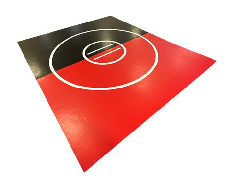 Clearance 10' x 12' x 1 3/8" Roll-Up Wrestling Mat - Black and Red Mat with White Circles and Lines