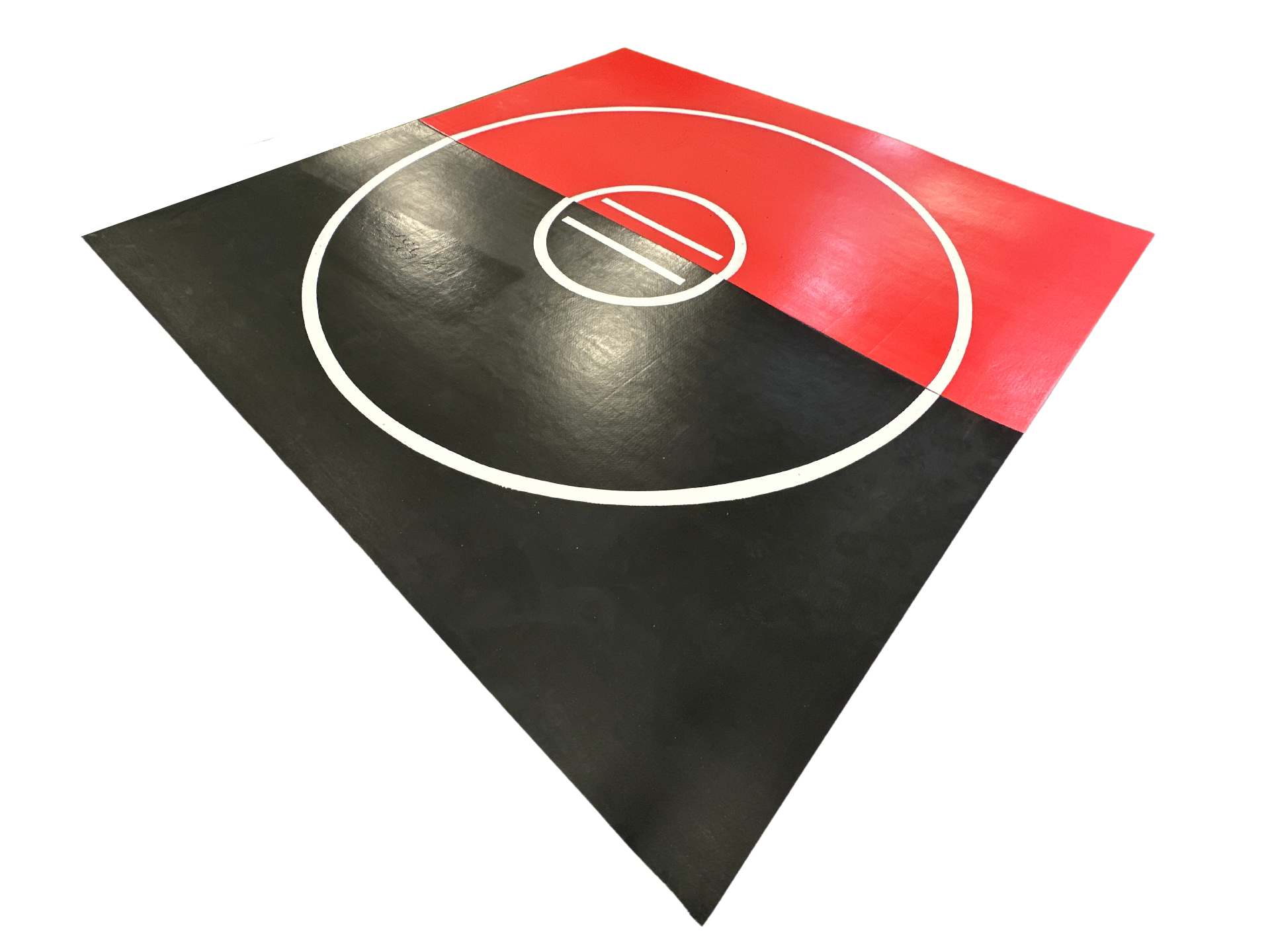 Clearance 12' x 12' x 1 3/8" Roll-Up Wrestling Mat - Black and Red Mat with White Circles and Lines