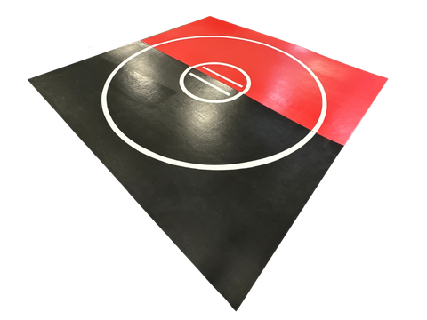 Clearance 12' x 12' x 1 3/8" Roll-Up Wrestling Mat - Black and Red Mat with White Circles and Lines