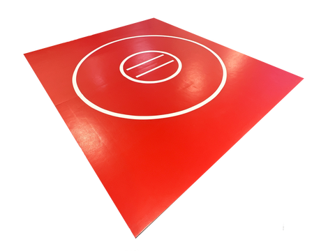 Clearance 10' x 12' x 1 3/8" Roll-Up Wrestling Mat - Red Mat with White Circles and Lines