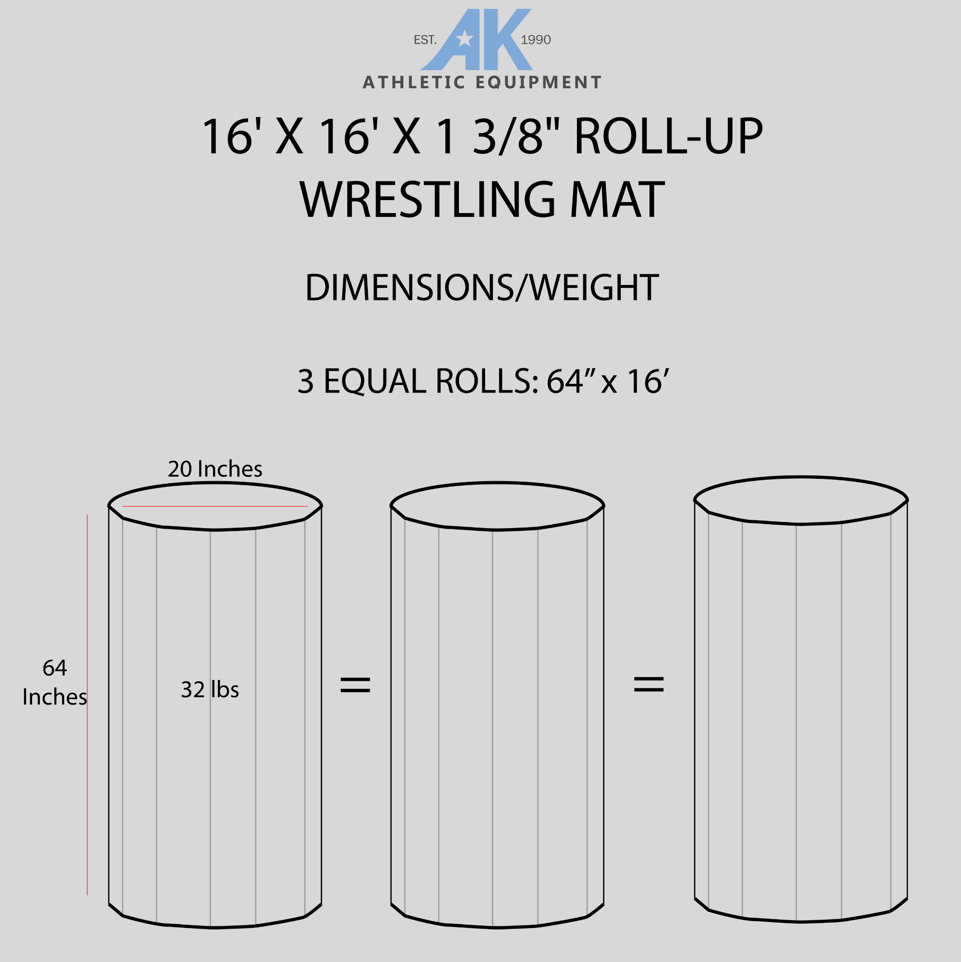 Rolling up and storing AK Athletic Equipment wrestling mats is easy. Our dimensions help customers make the most of our wrestling mat products. 