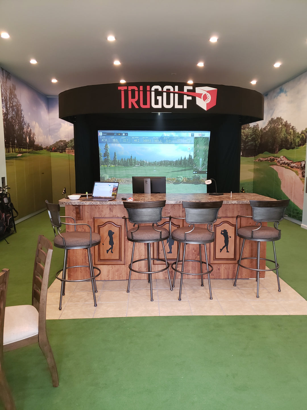 Golf Simulator Man Cave with Custom Golf Course Image 