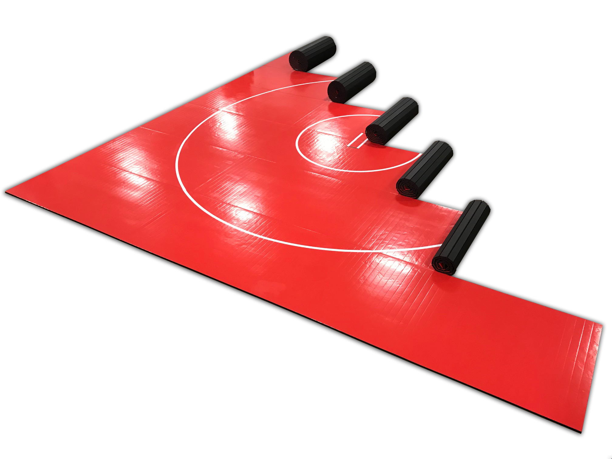 AK Athletics RollUp Red Wrestling Mat. Wholesale priced wrestling mat for sale. Black mat with white circles. AK Athletic Equipment wrestling/mixed martial arts mat product. Made in America.