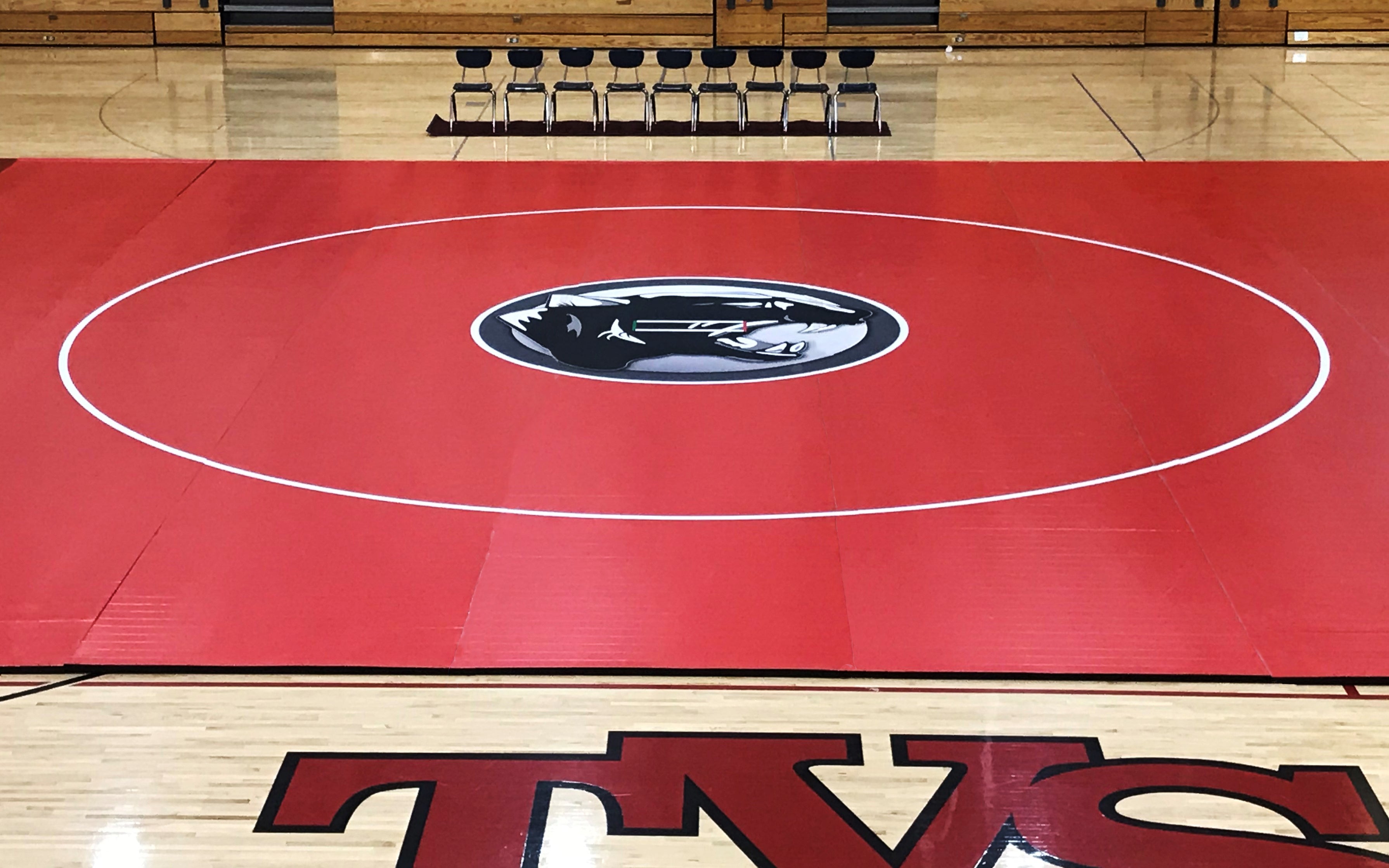 Red High School Competition Wrestling Mat With Custom Graphics Digitally Printed 