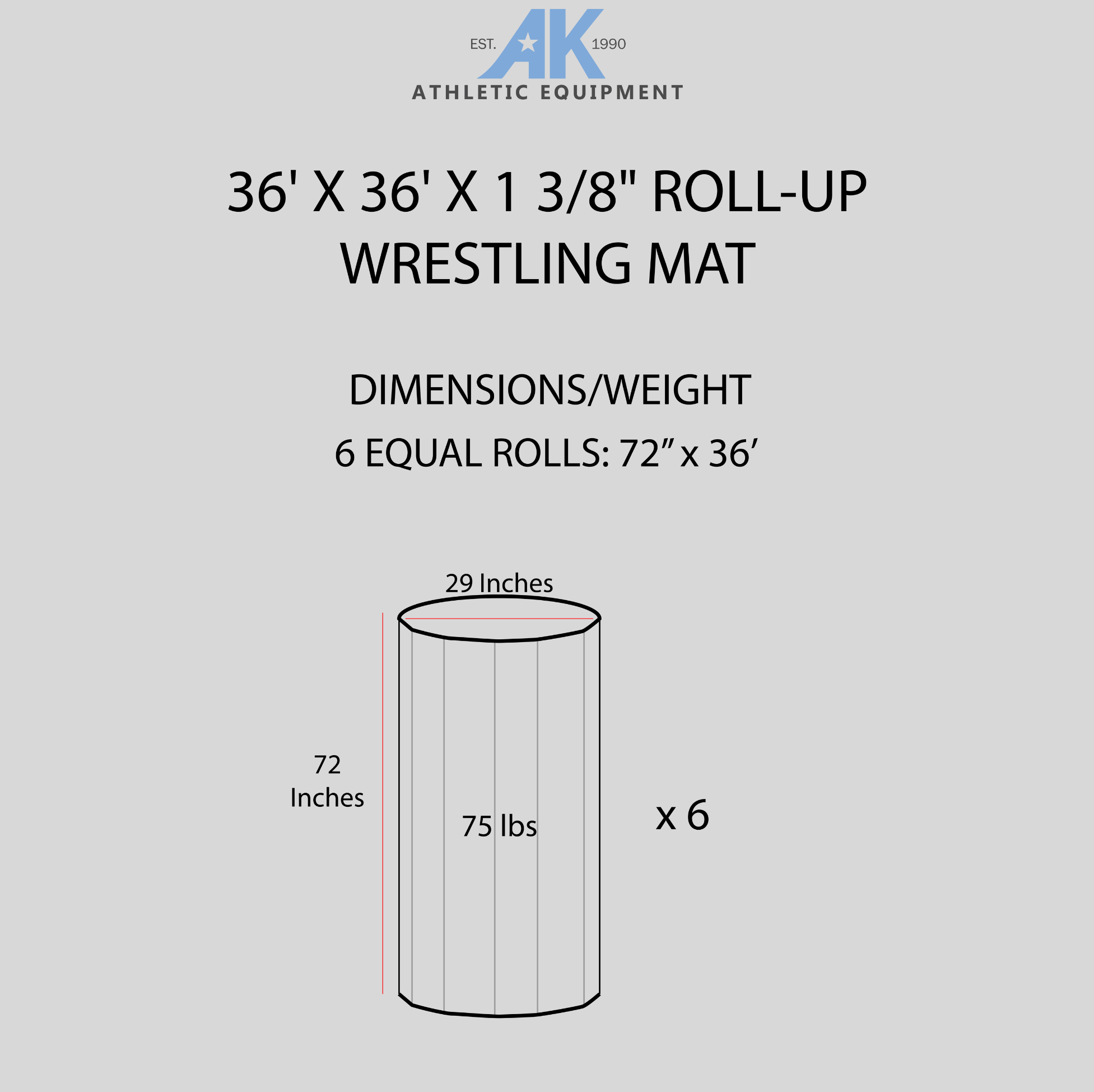 AK Athletics Wrestling Mat Dimensional Spec Sheet. Image provides details for stored dimensions and weight of this wrestling mat product. Wrestling, safety, competition, equipment, mixed martial arts, mats, MMA, regulation.