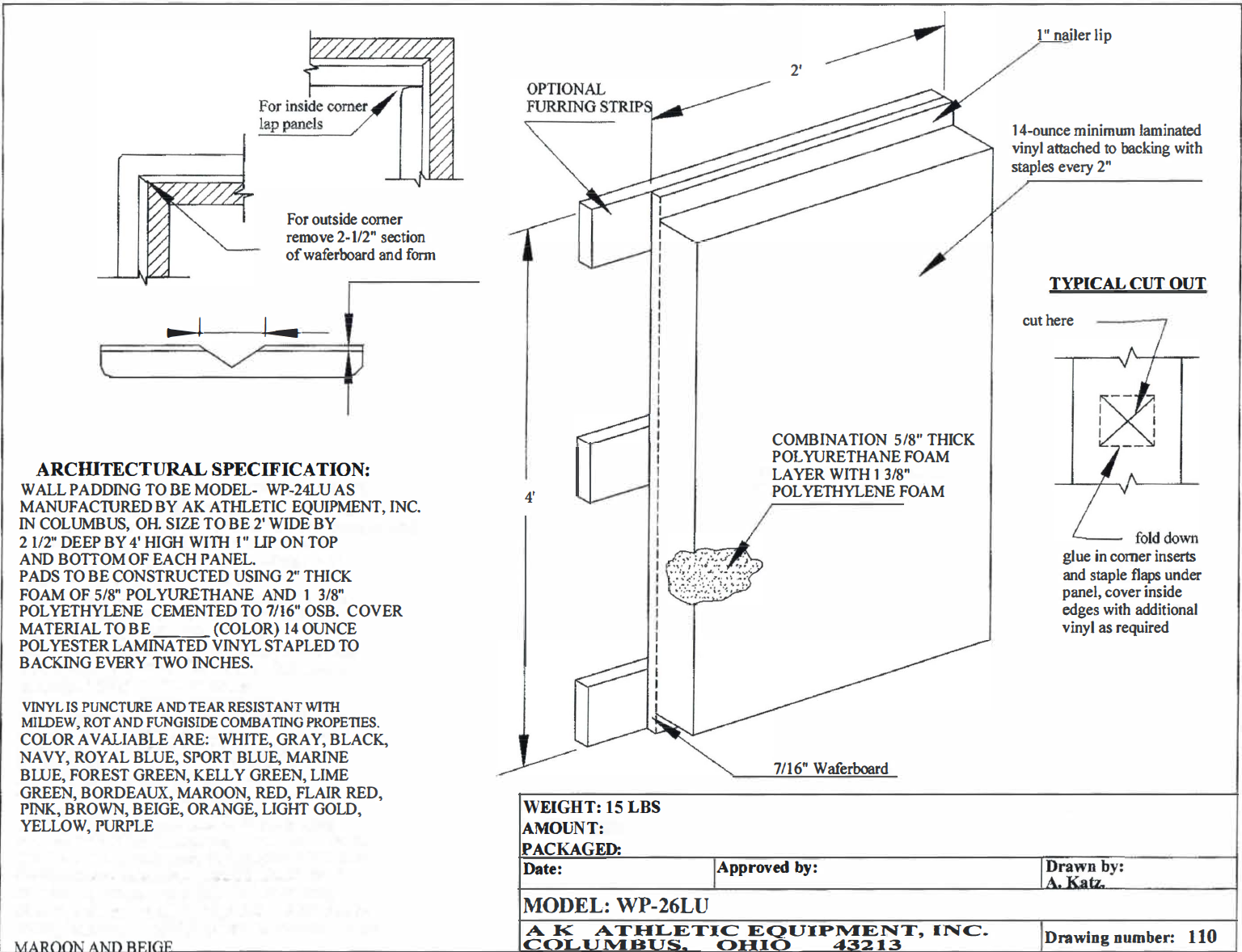 Wood Back Wall Padding Architectural Spec Drawing
