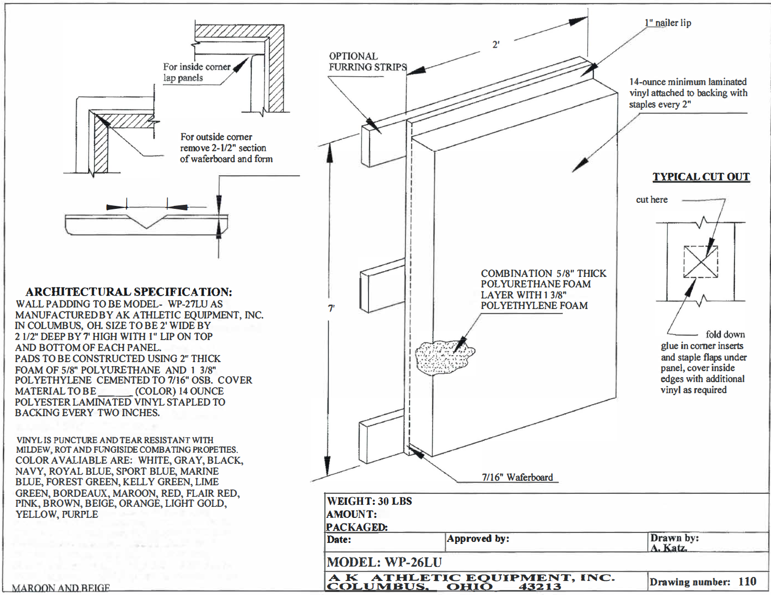 Wood Back Wall Padding Architectural Spec Drawing