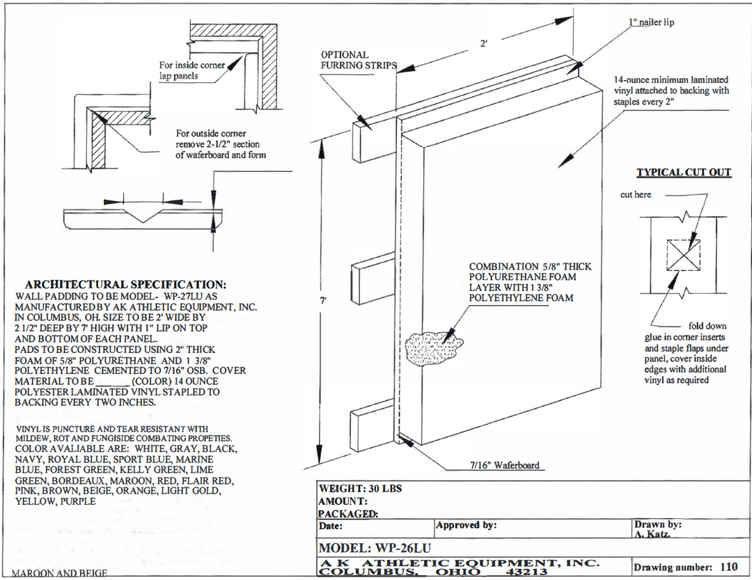 Wood Back Wall Padding Architectural Spec Drawing