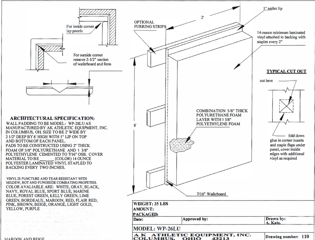 Wood Back Wall Padding Architectural Spec Drawing