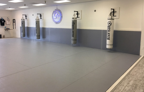 Grey mixed martial arts gym with boxing bags and wall safety mats