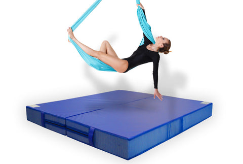 Blue folding aerial arts crash mat, acrobatics mat, landing mat, blue crash pad