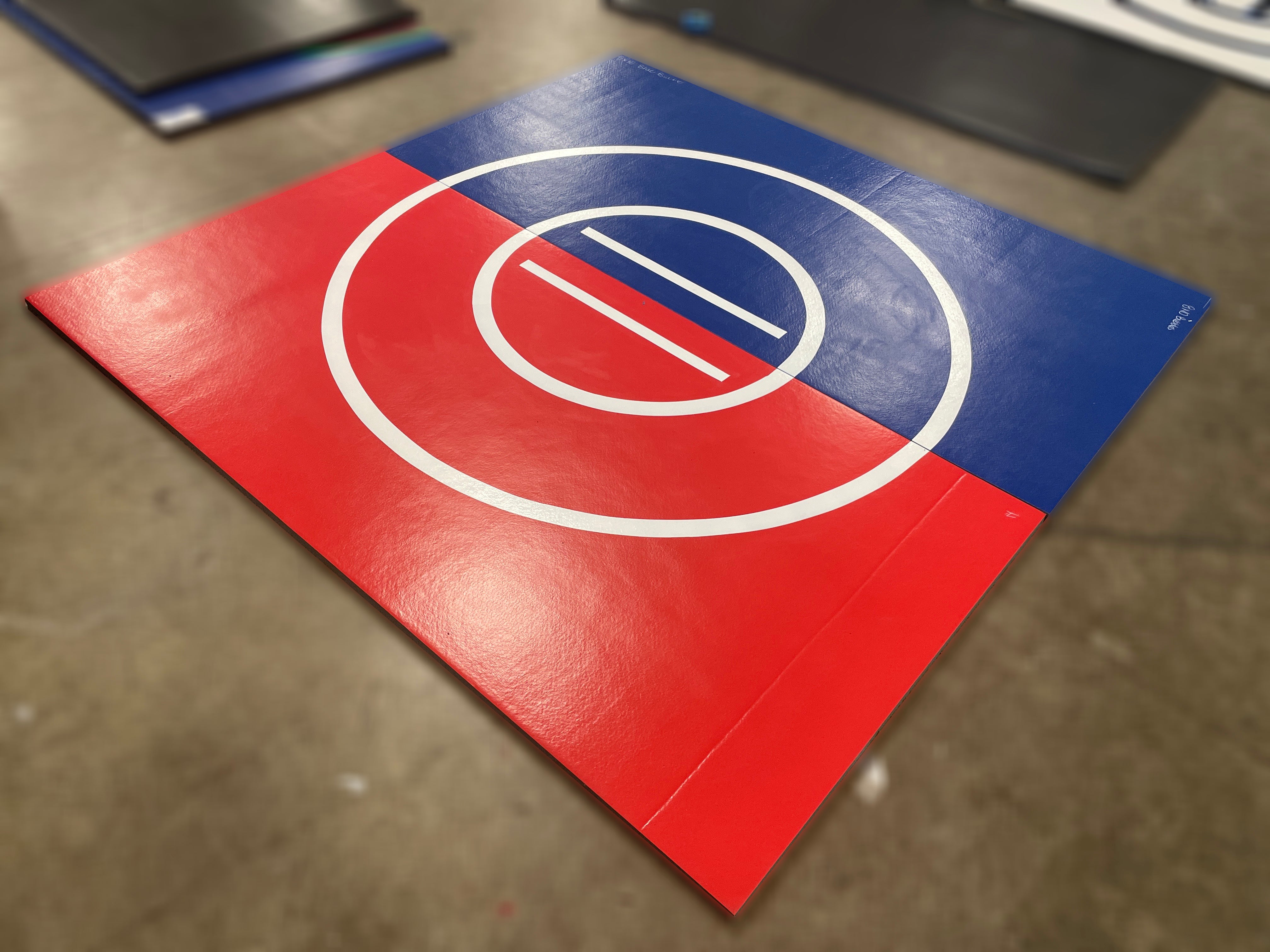 Clearance 8' x 8' x 1 3/8" Roll-Up wrestling Mat Blue and Red Vinyl Flaw