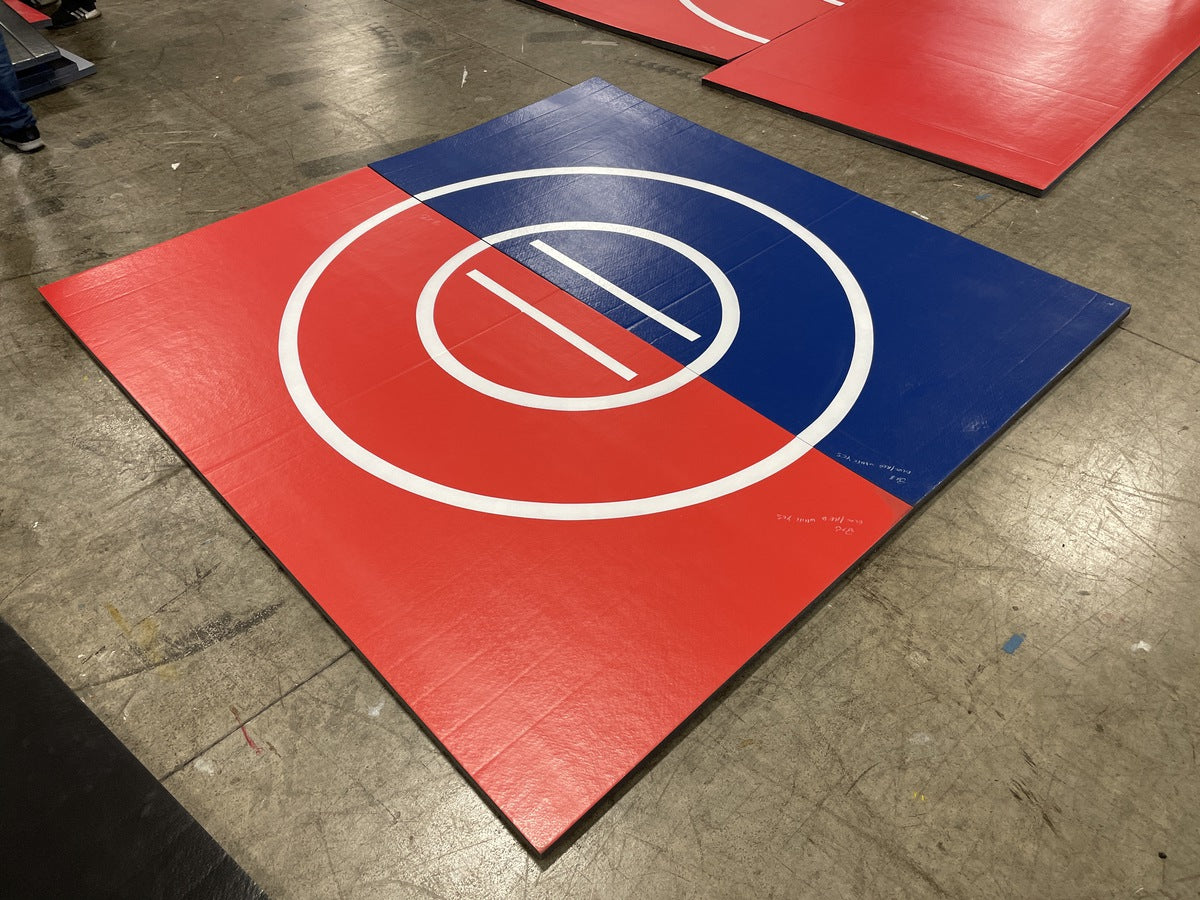 Clearance 8' x 8' x 1 3/8" Roll-Up wrestling Mat Red and Blue with White Circles