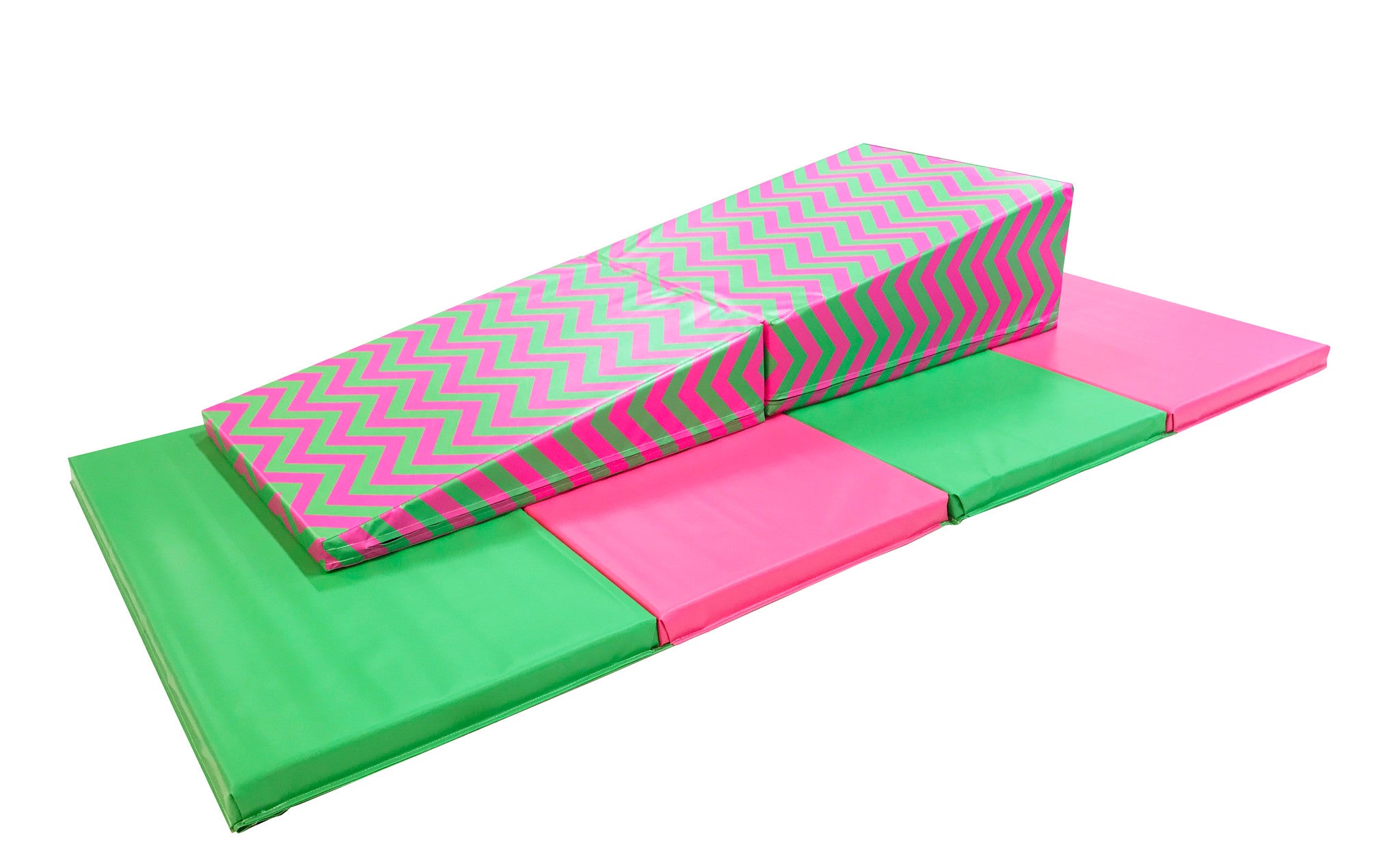 4' x 8' x 2" Pink and Green Gymnastics Folding Mat and Pink Green Chevron Incline Combo